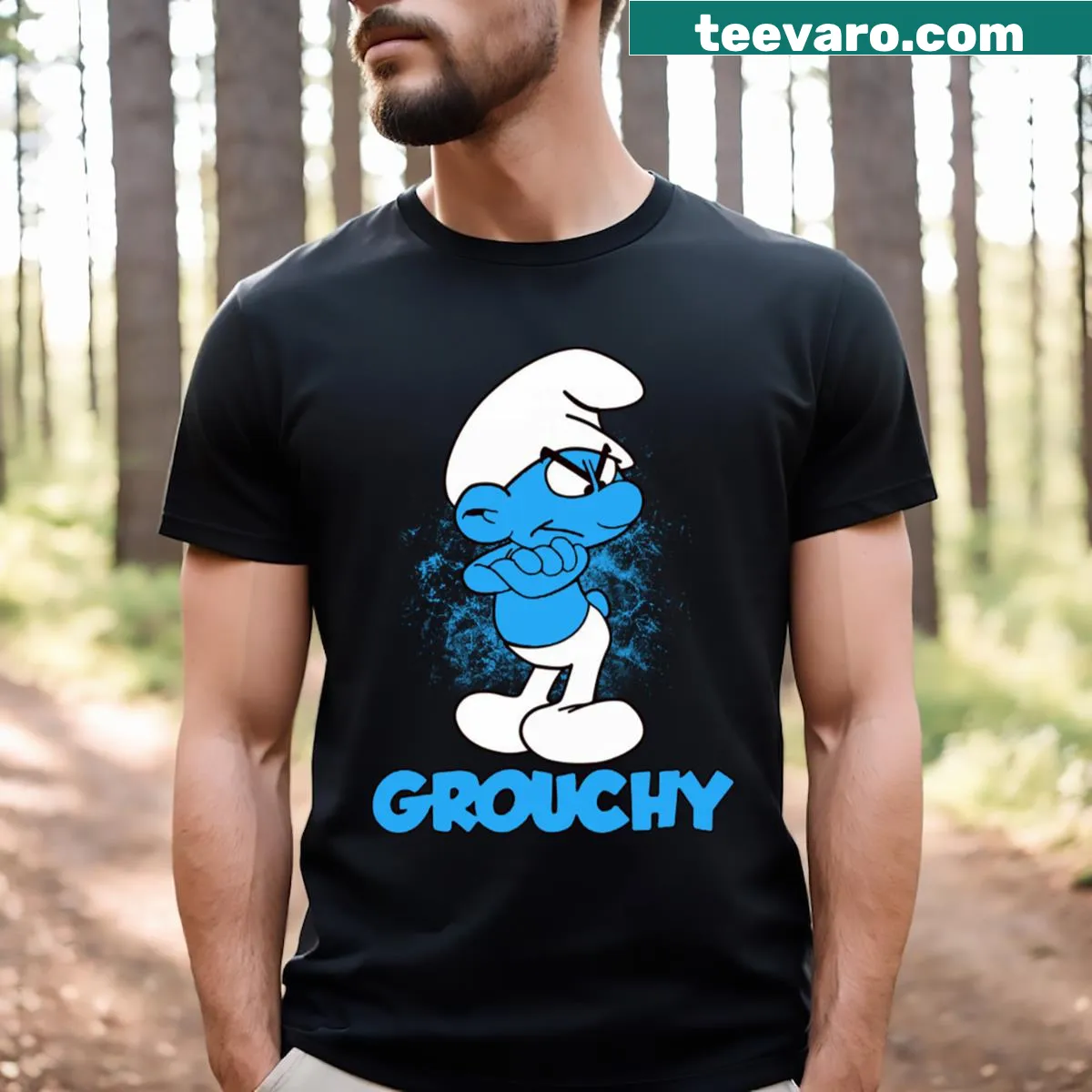 Cartoon design of a grouchy Smurf on a T-shirt — on a men's t-shirt