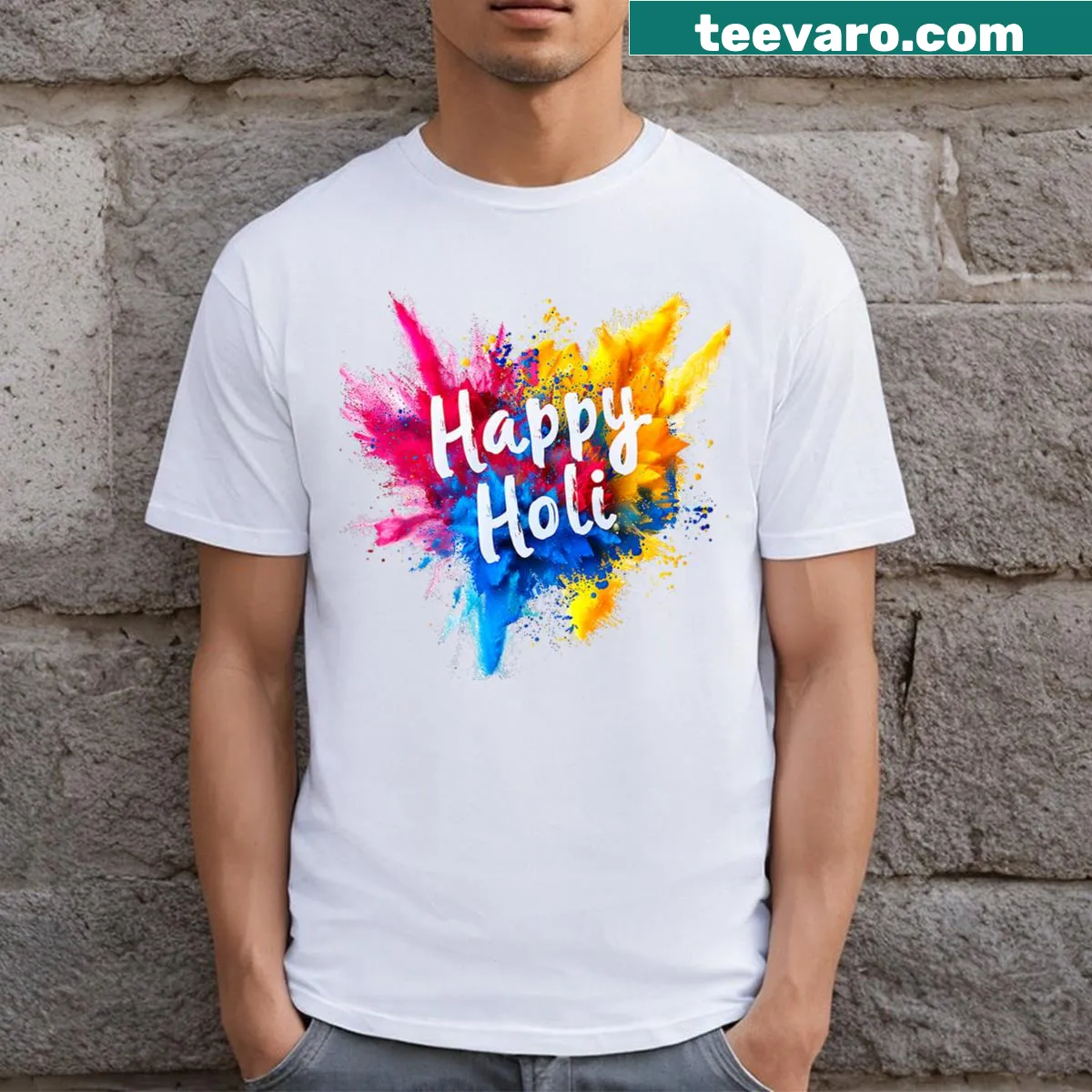 Whimsical Holi-themed T-shirt celebrating colors and humor — on a men's t-shirt