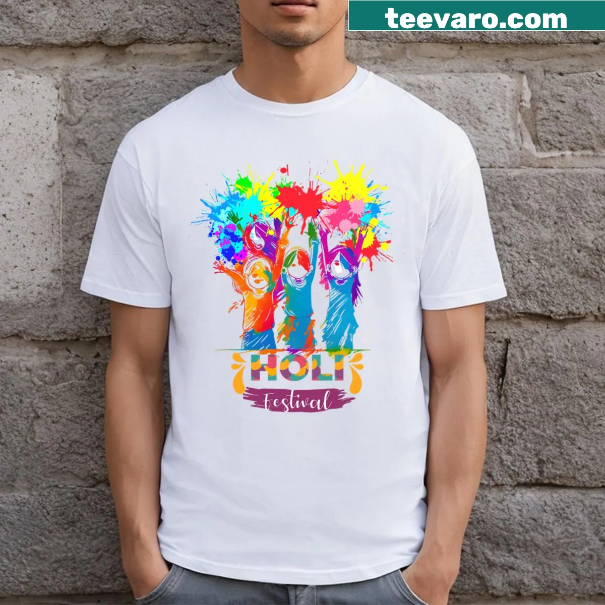 Holi festival graphic T-shirt for kids and men — on a men's t-shirt