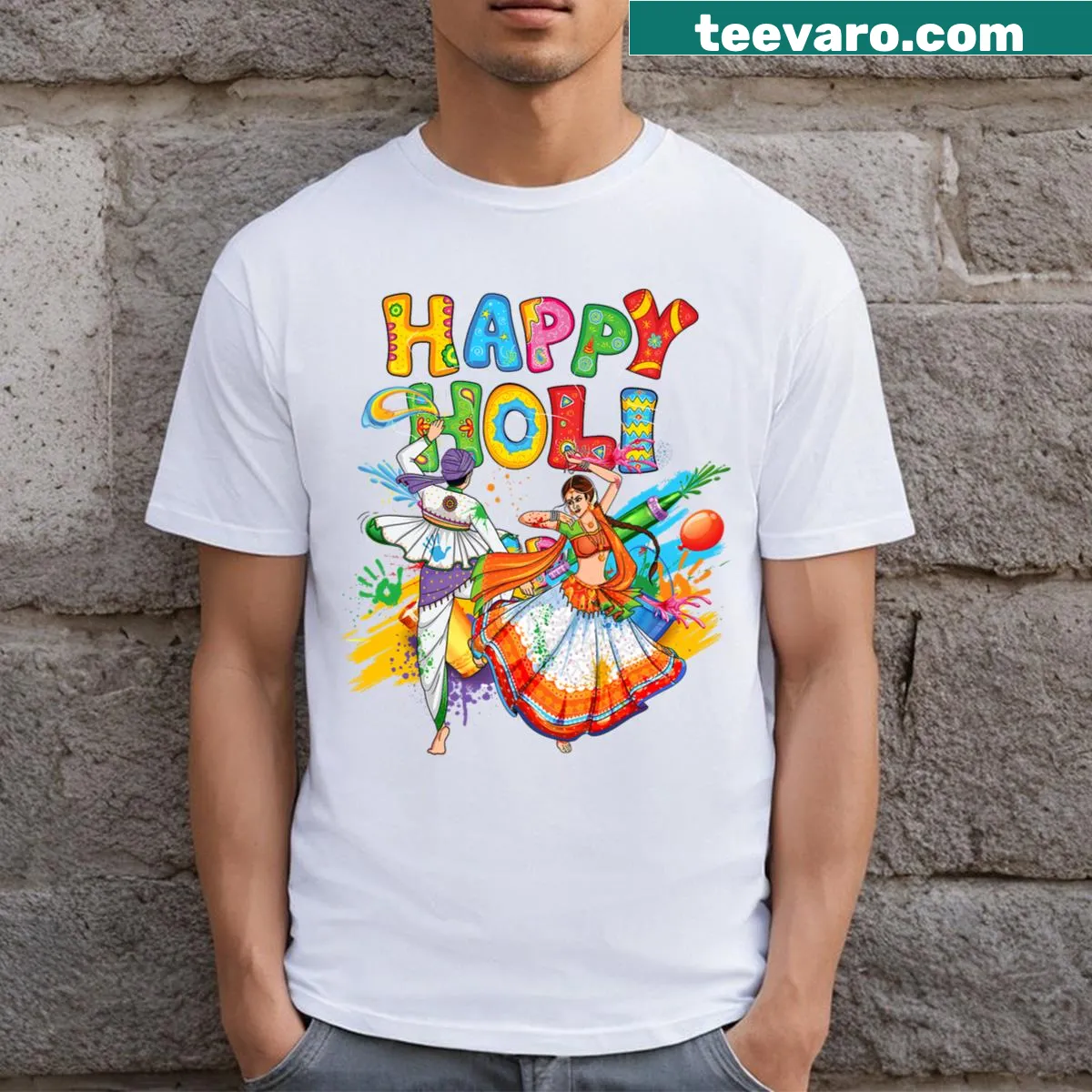 Holi festival T-shirt featuring a colorful festive graphic — on a men's t-shirt