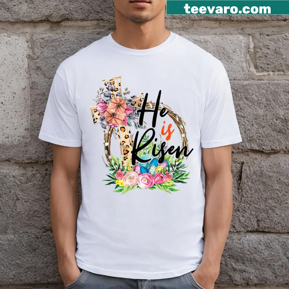 Illustrated cross with leopard print for Easter on a T-shirt — on a men's t-shirt