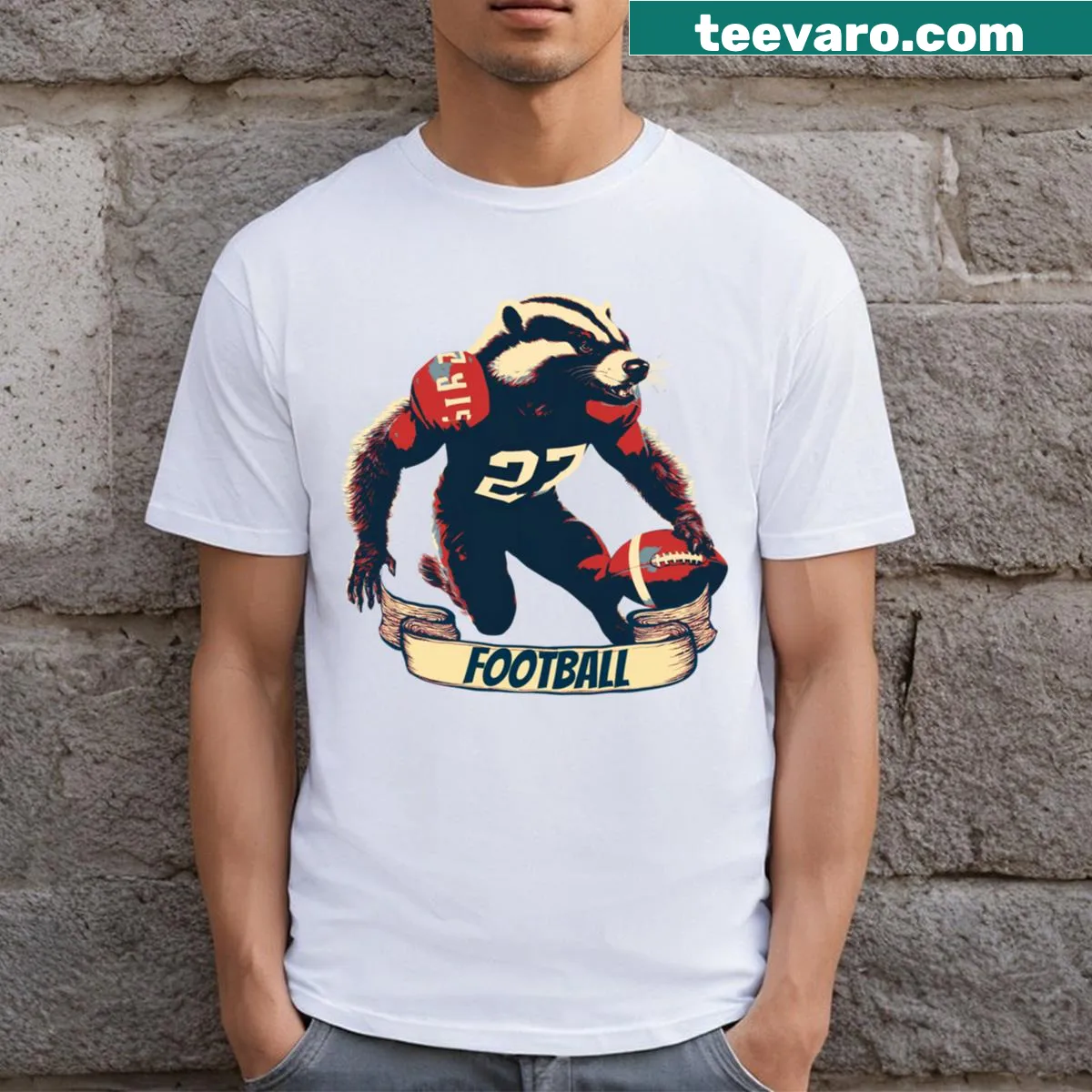 Honey badger illustration on an American football themed T-shirt — on a men's t-shirt