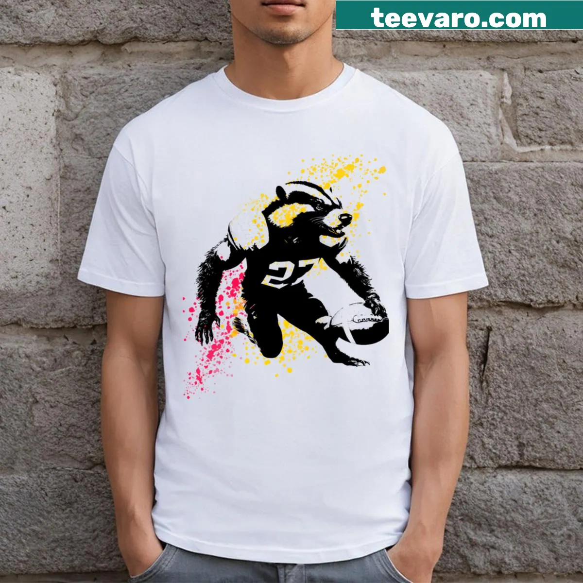 Cartoon honey badger football player illustration T-shirt — on a men's t-shirt