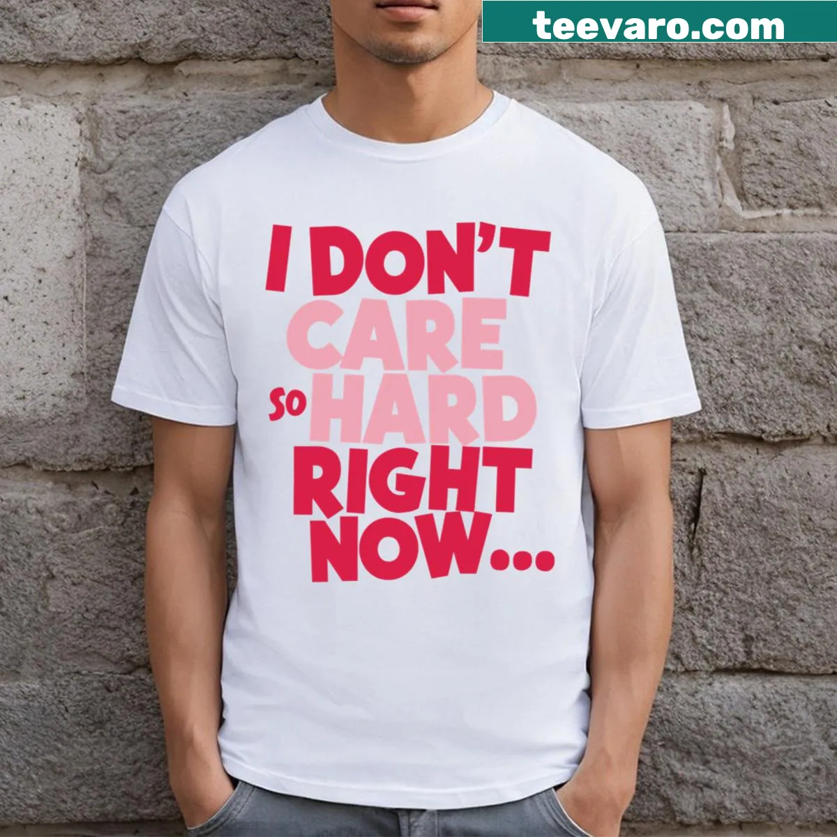 Bold text saying 'I Don't Care' on a t-shirt — on a men's t-shirt