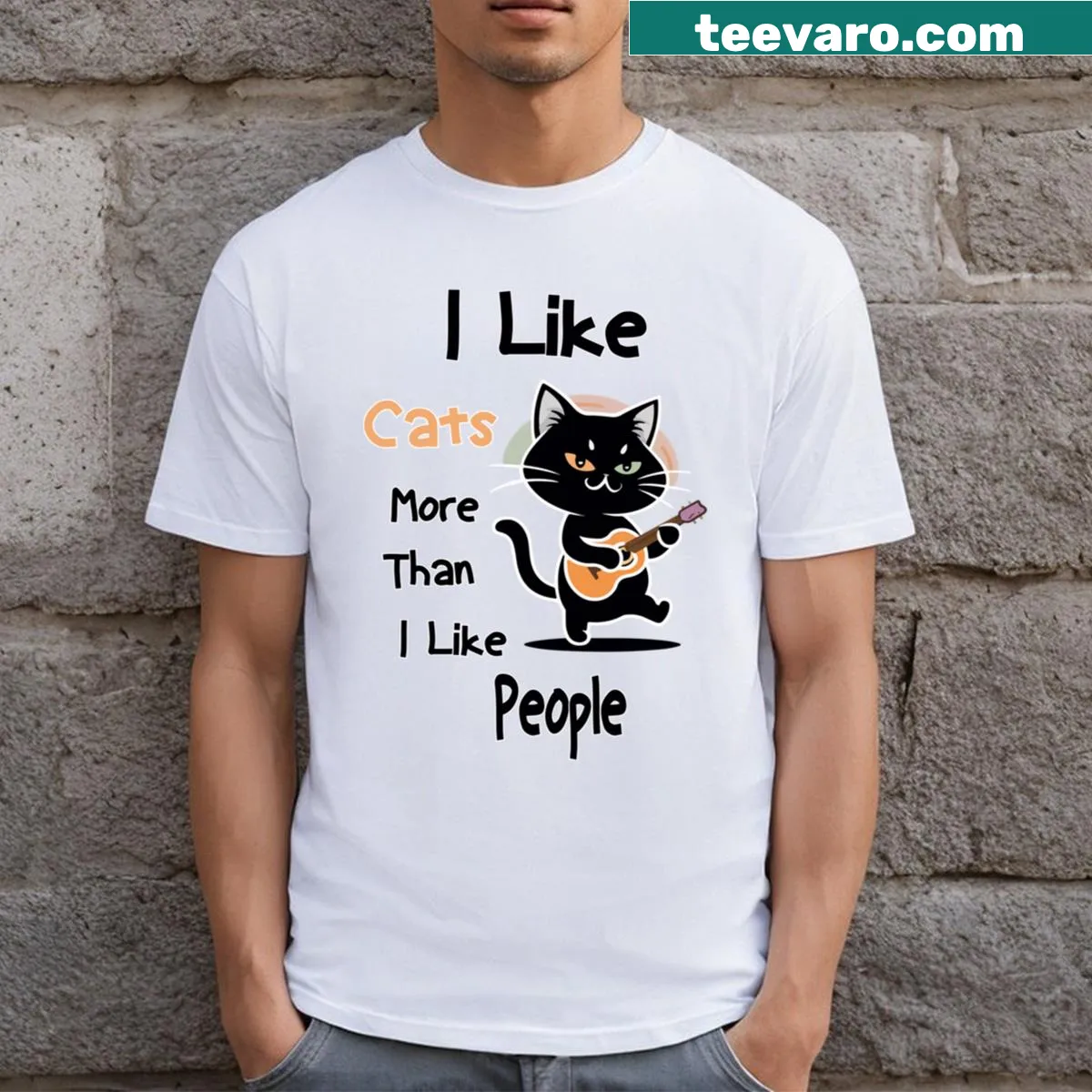 Funny cat-themed t-shirt with text about liking cats more than people — on a men's t-shirt