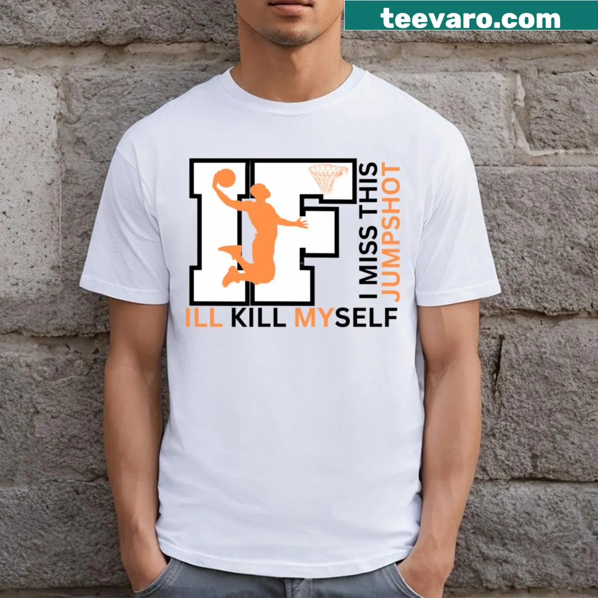 Funny basketball-themed t-shirt about missing a jumpshot — on a men's t-shirt