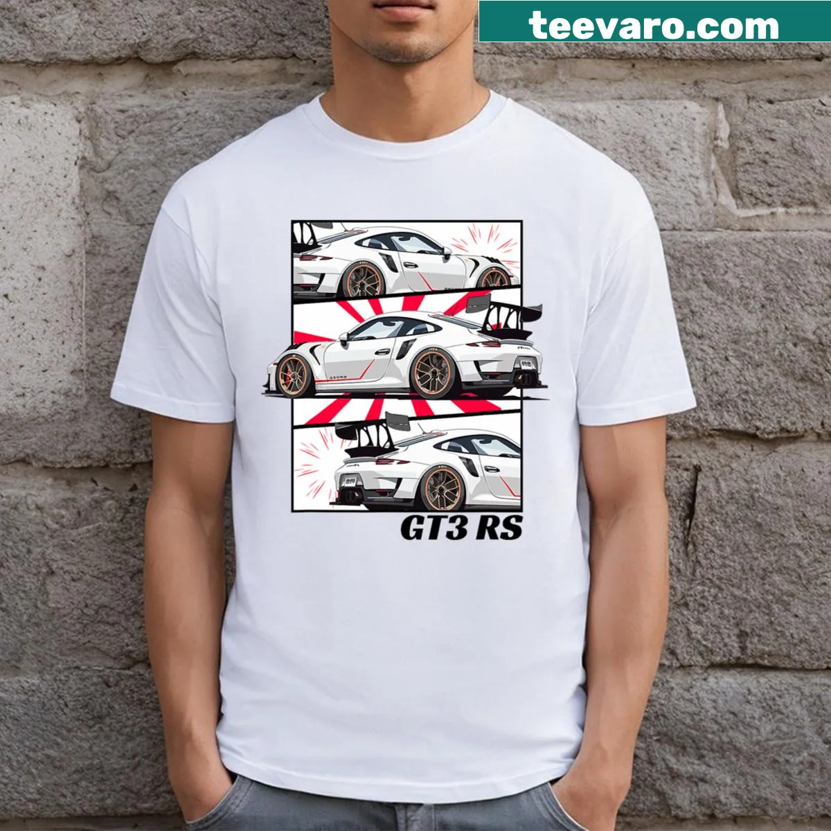 Comic style GT3 RS car illustration on motorsports-themed t-shirt — on a men's t-shirt