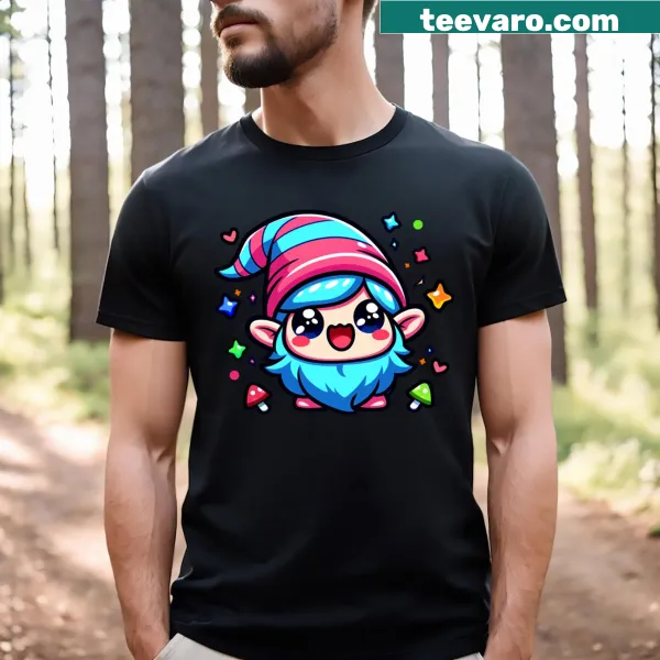 Cute kawaii gnome graphic on a playful t-shirt design.