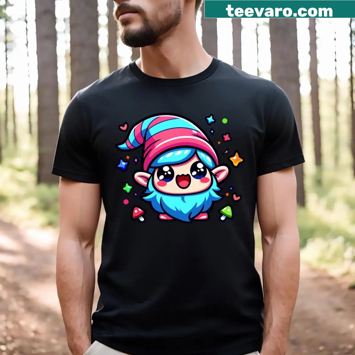 Cute kawaii gnome graphic on a playful t-shirt design. — on a men's t-shirt