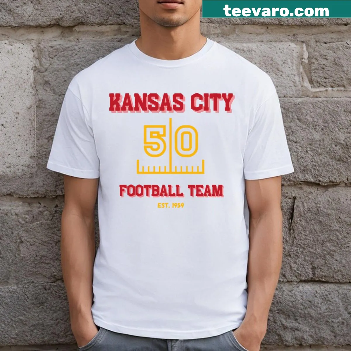 Minimalist Kansas City T-shirt with city name graphic — on a men's t-shirt