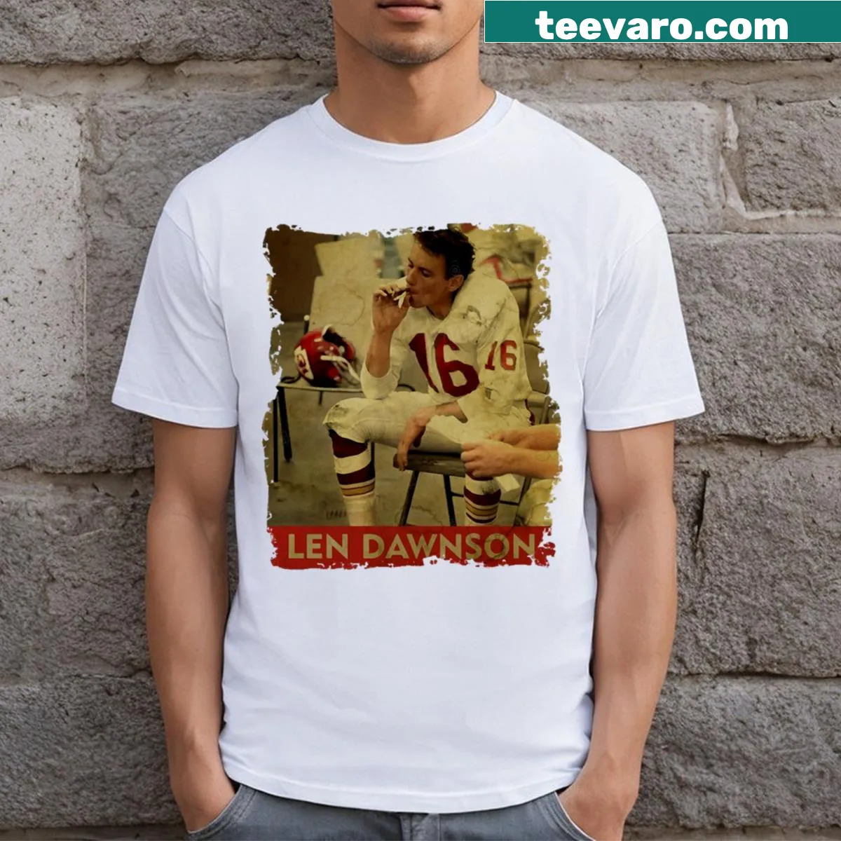 Retro t-shirt honoring Len Dawson, an iconic football player — on a men's t-shirt
