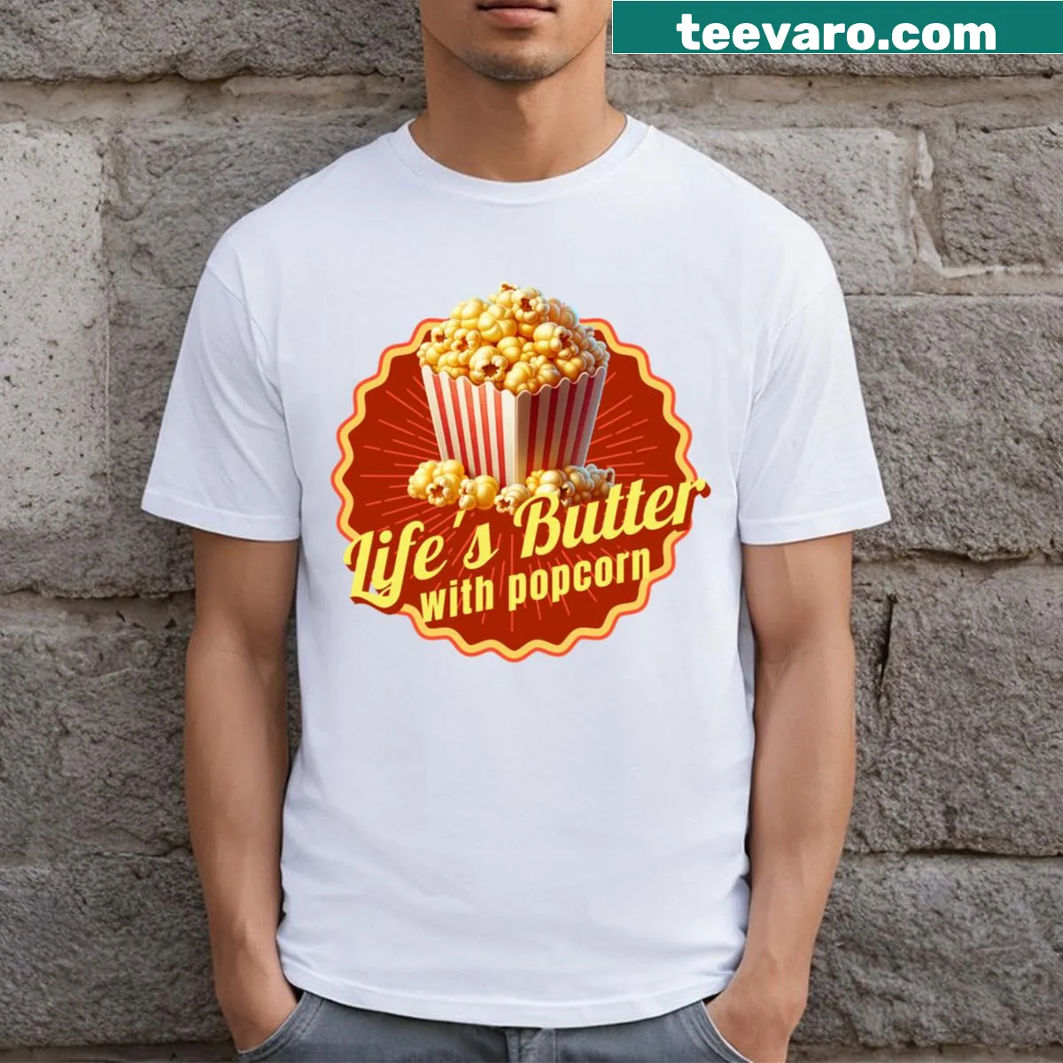 Playful t-shirt with Life's Butter With Popcorn phrase — on a men's t-shirt
