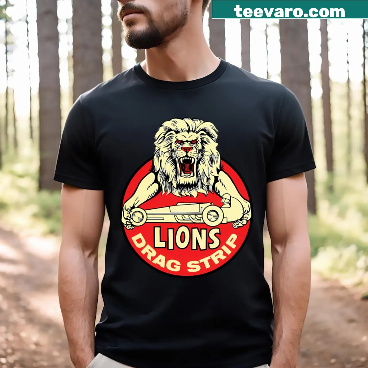T-shirt featuring lions racing on a drag strip in a playful design — on a men's t-shirt