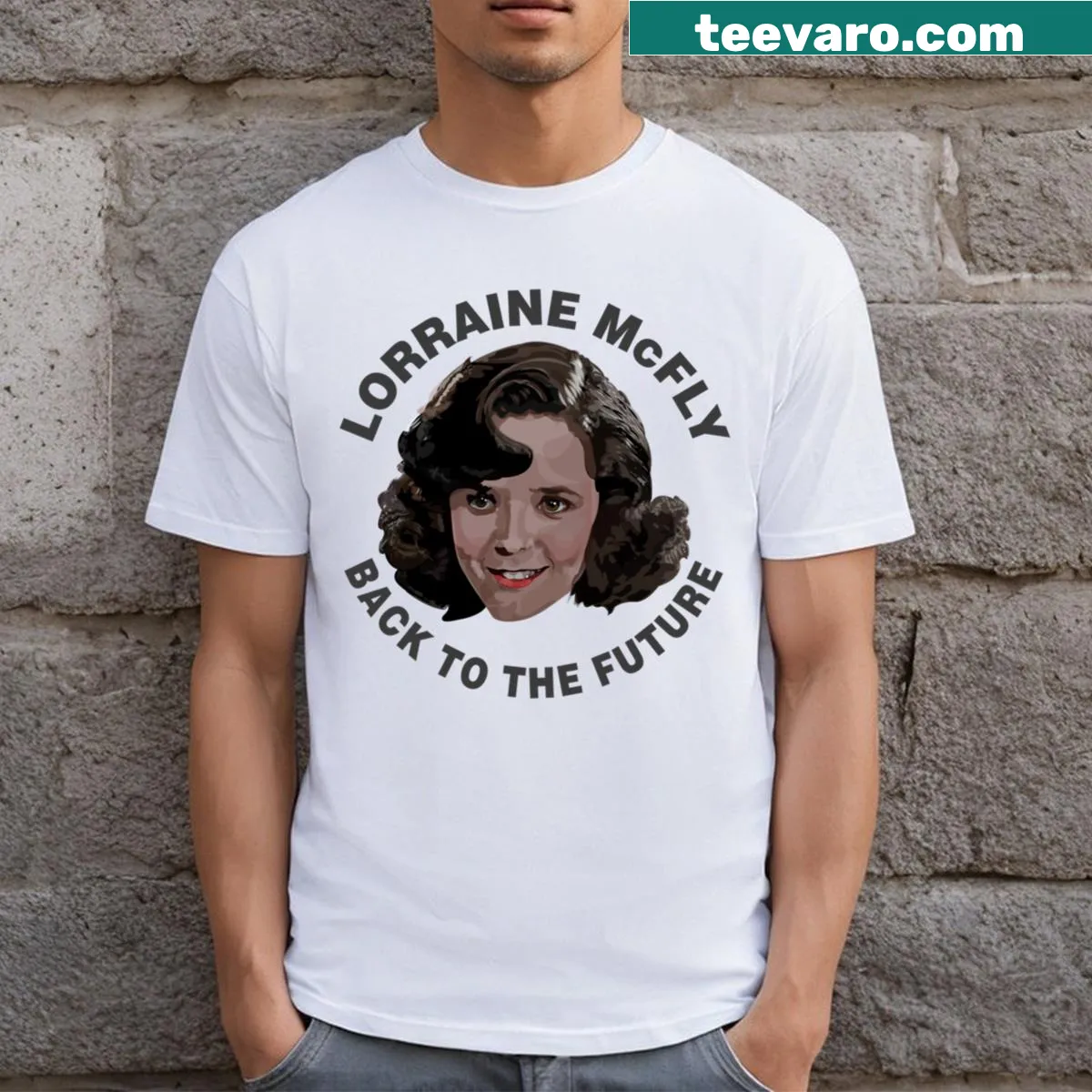 T-shirt featuring the name 'Lorraine Mcfly' in stylish typography — on a men's t-shirt