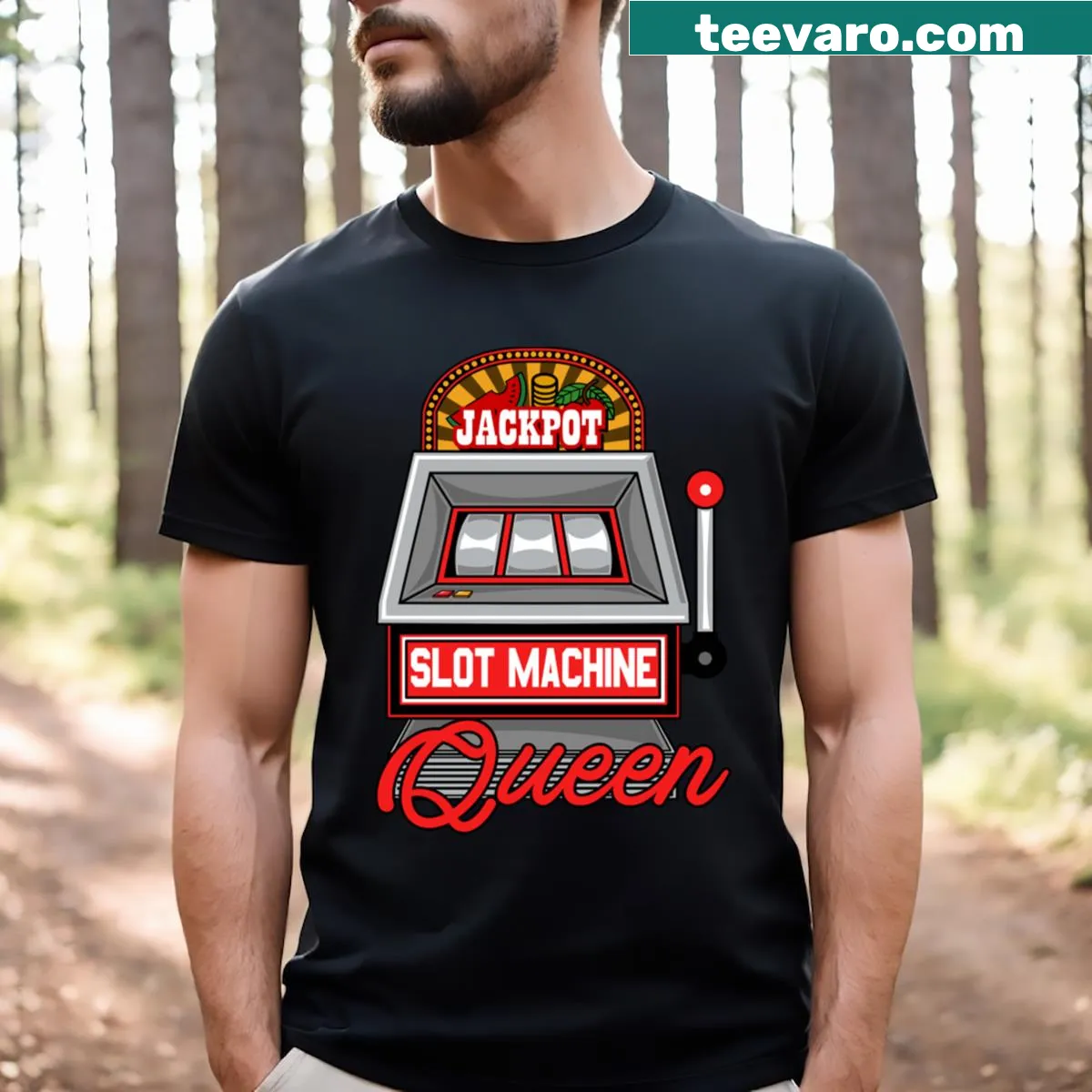 T-shirt featuring a slot machine and the phrase 'Lucky Casino Slot Machine Queen Jackpot 2024!' — on a men's t-shirt