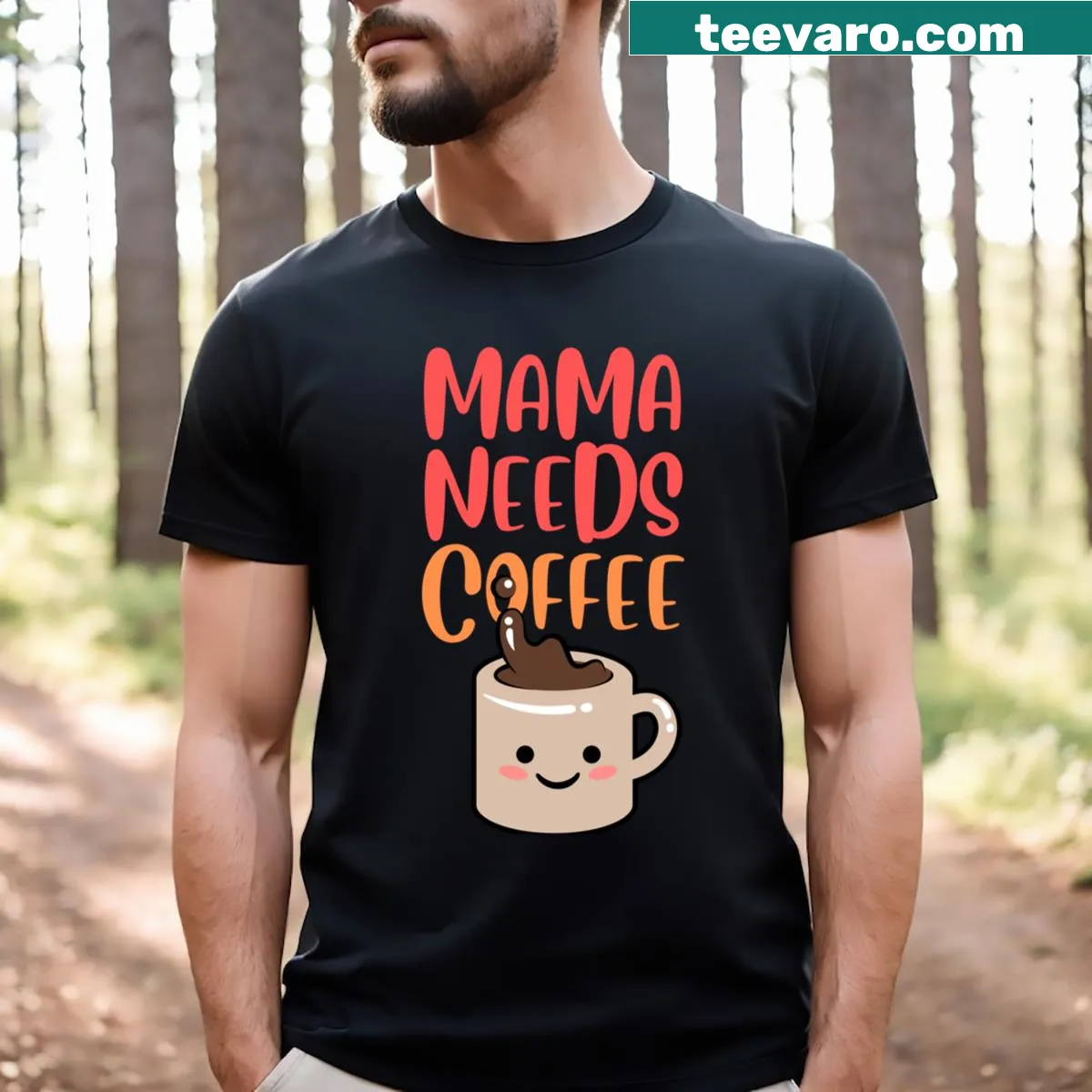 Funny Mama Need Coffee T-shirt with playful text design — on a men's t-shirt