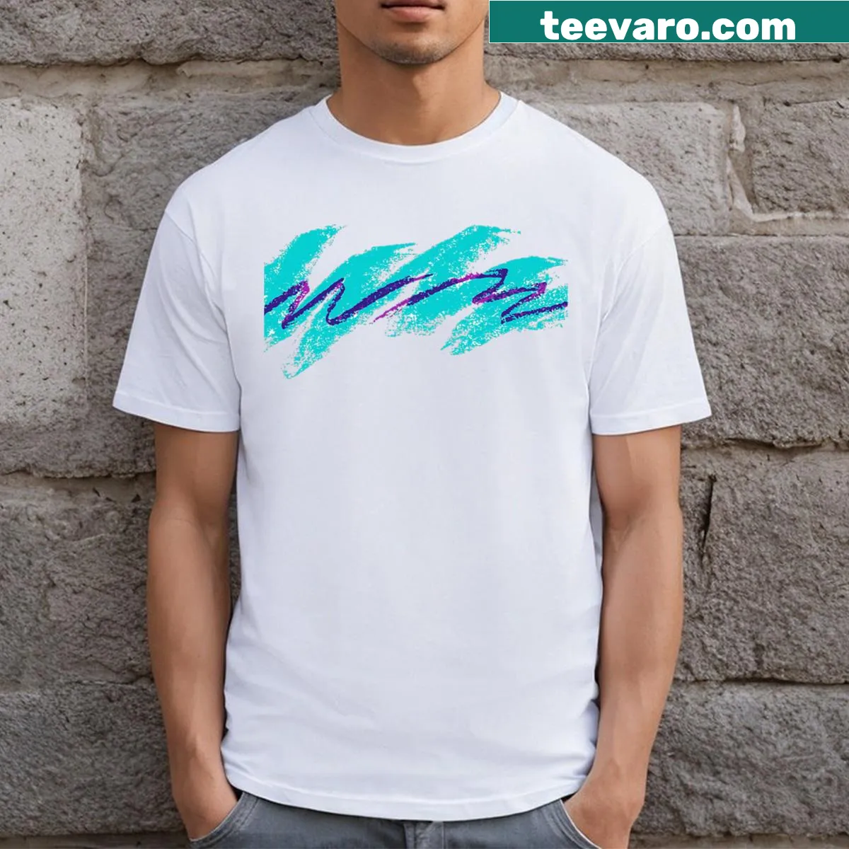 Geometric design T-shirt with nostalgic 90s references — on a men's t-shirt