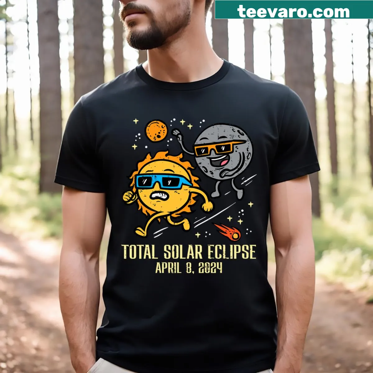 Illustrated t-shirt featuring moon chasing sun for the solar eclipse 2024 — on a men's t-shirt