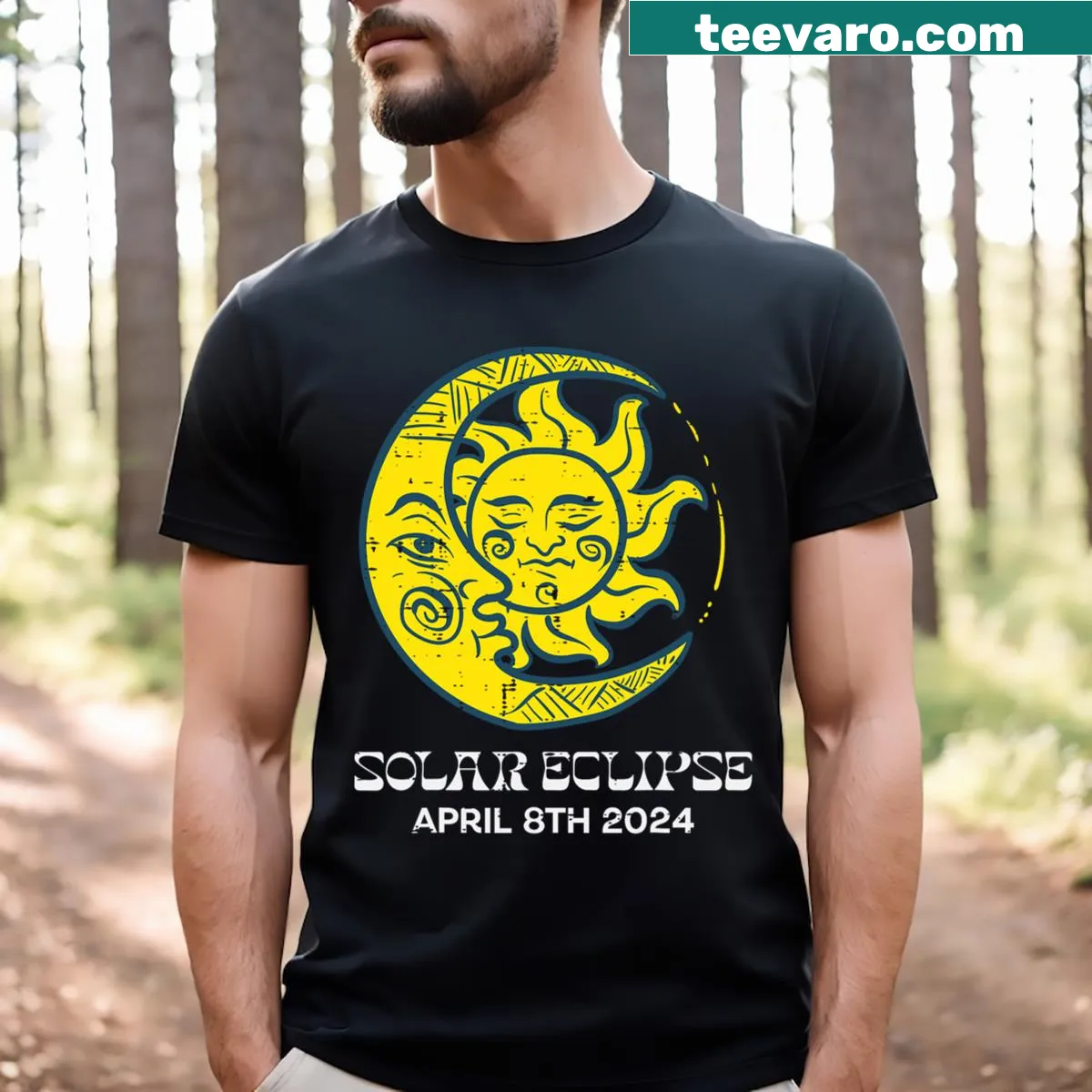 T-shirt featuring an illustration of the moon and sun for the 2024 solar eclipse — on a men's t-shirt