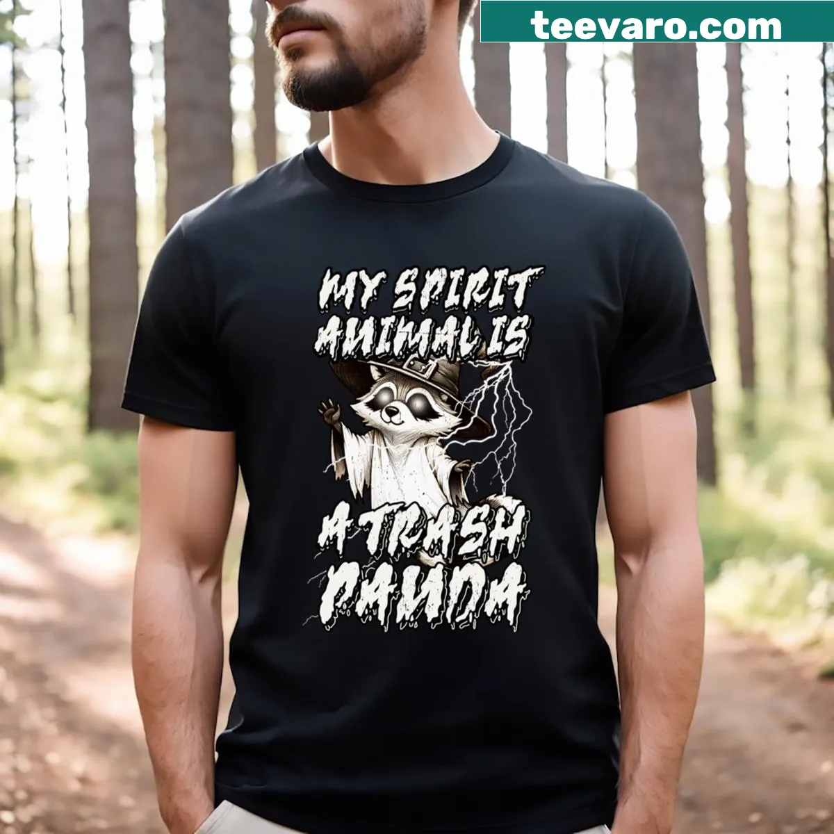 Retro Halloween raccoon graphic tee with spirit animal text — on a men's t-shirt
