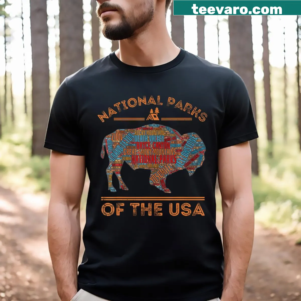 Vintage buffalo graphic t-shirt celebrating national parks and outdoor adventures — on a men's t-shirt