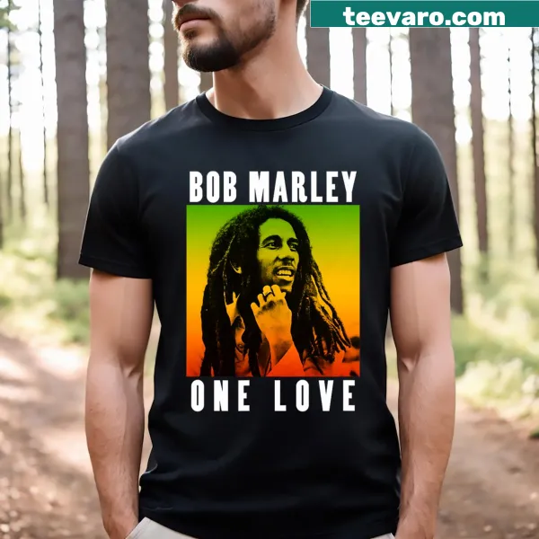 Bob Marley T-shirt featuring the phrase 'One Love' in a creative design