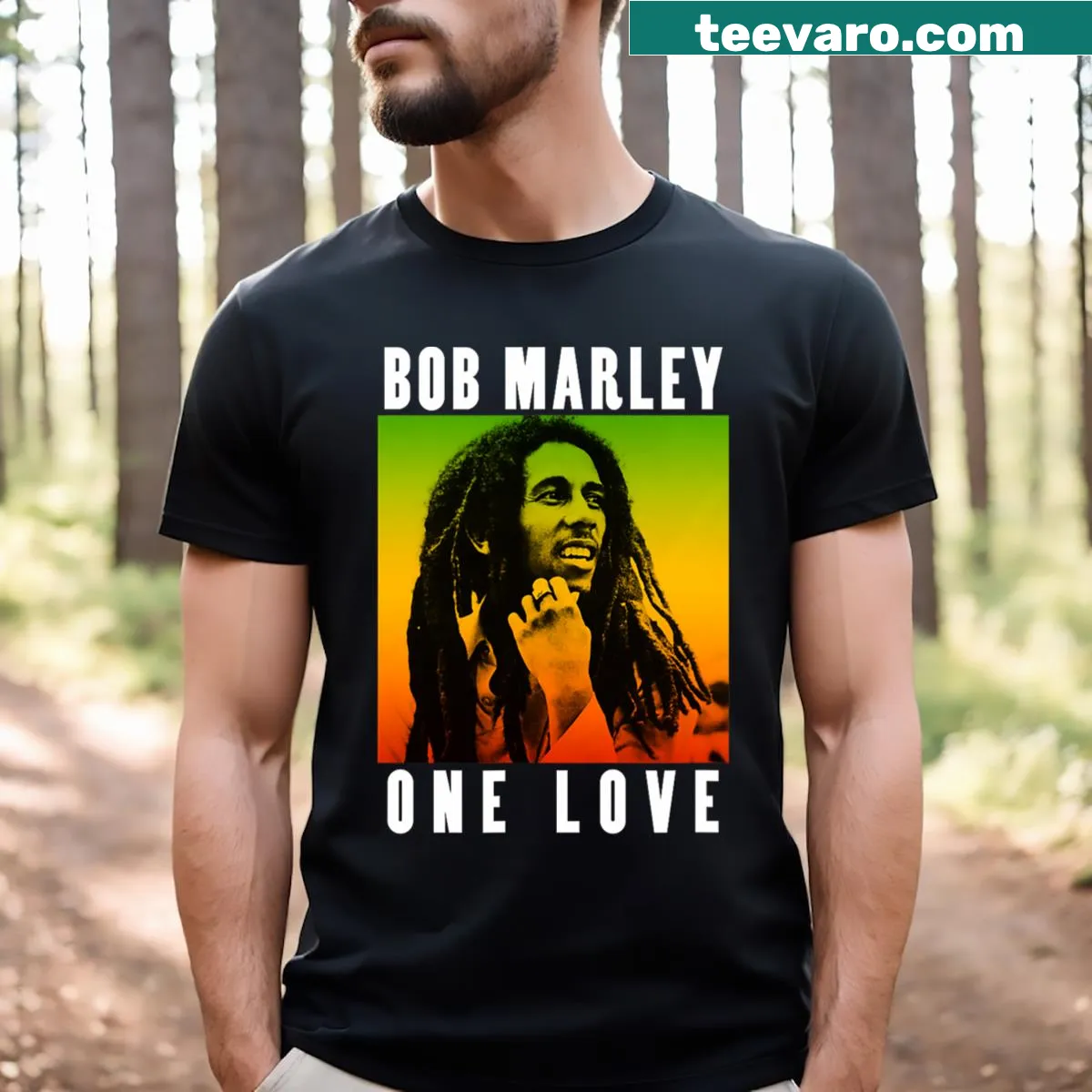 Bob Marley T-shirt featuring the phrase 'One Love' in a creative design — on a men's t-shirt