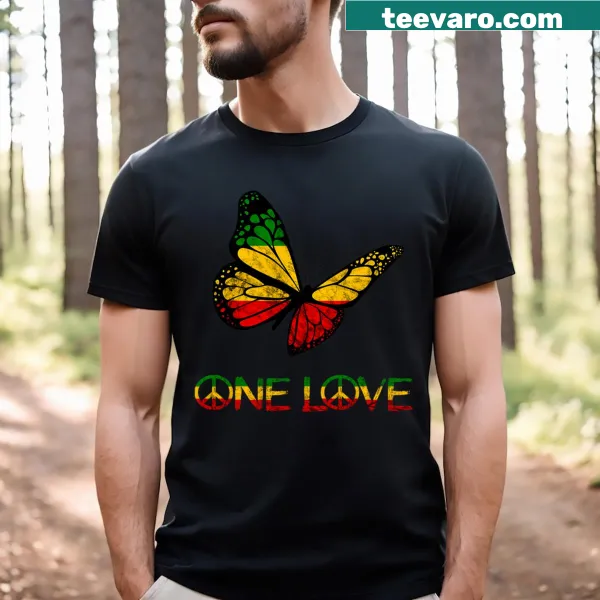 Butterfly graphic in Rasta colors with 'One Love' text on t-shirt
