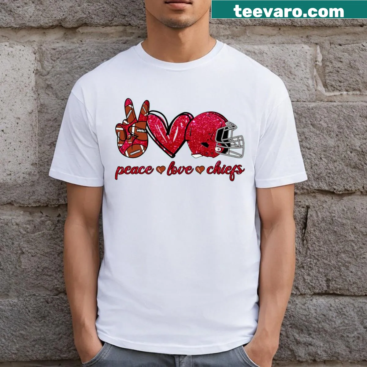 Active T-shirt with 'Peace Love Chiefs' graphic and football theme — on a men's t-shirt