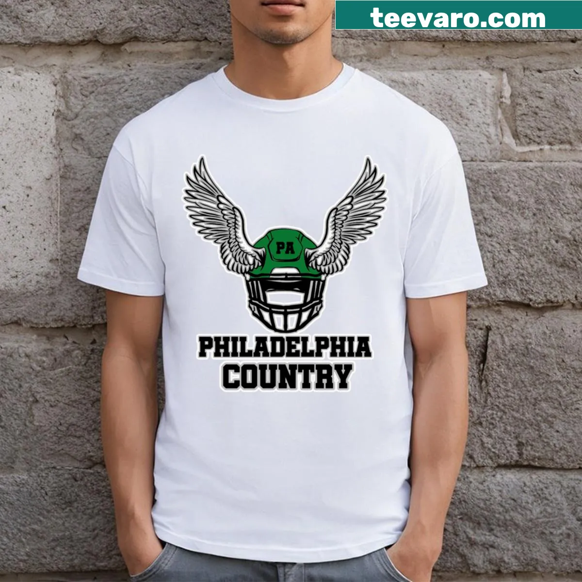 T-shirt featuring Philadelphia landmarks in artistic design. — on a men's t-shirt
