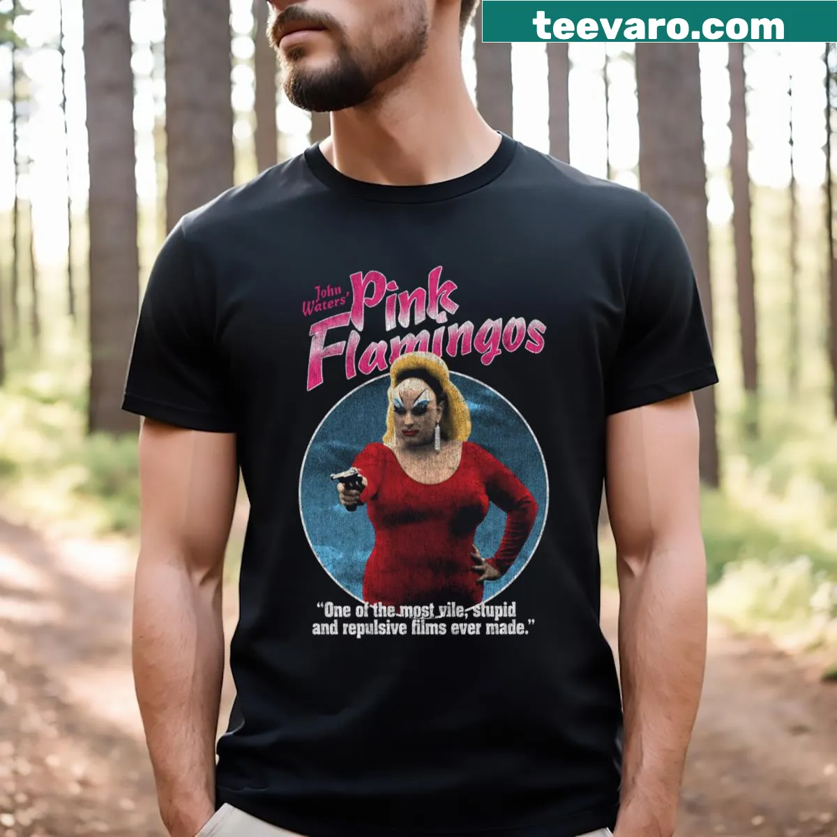 T-shirt inspired by John Waters featuring pink flamingos — on a men's t-shirt