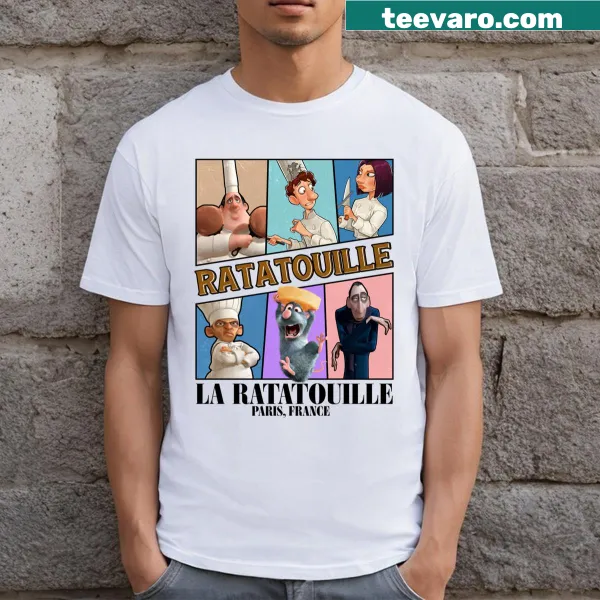 T-shirt featuring Remy the rat chef from Ratatouille in a kitchen scene.