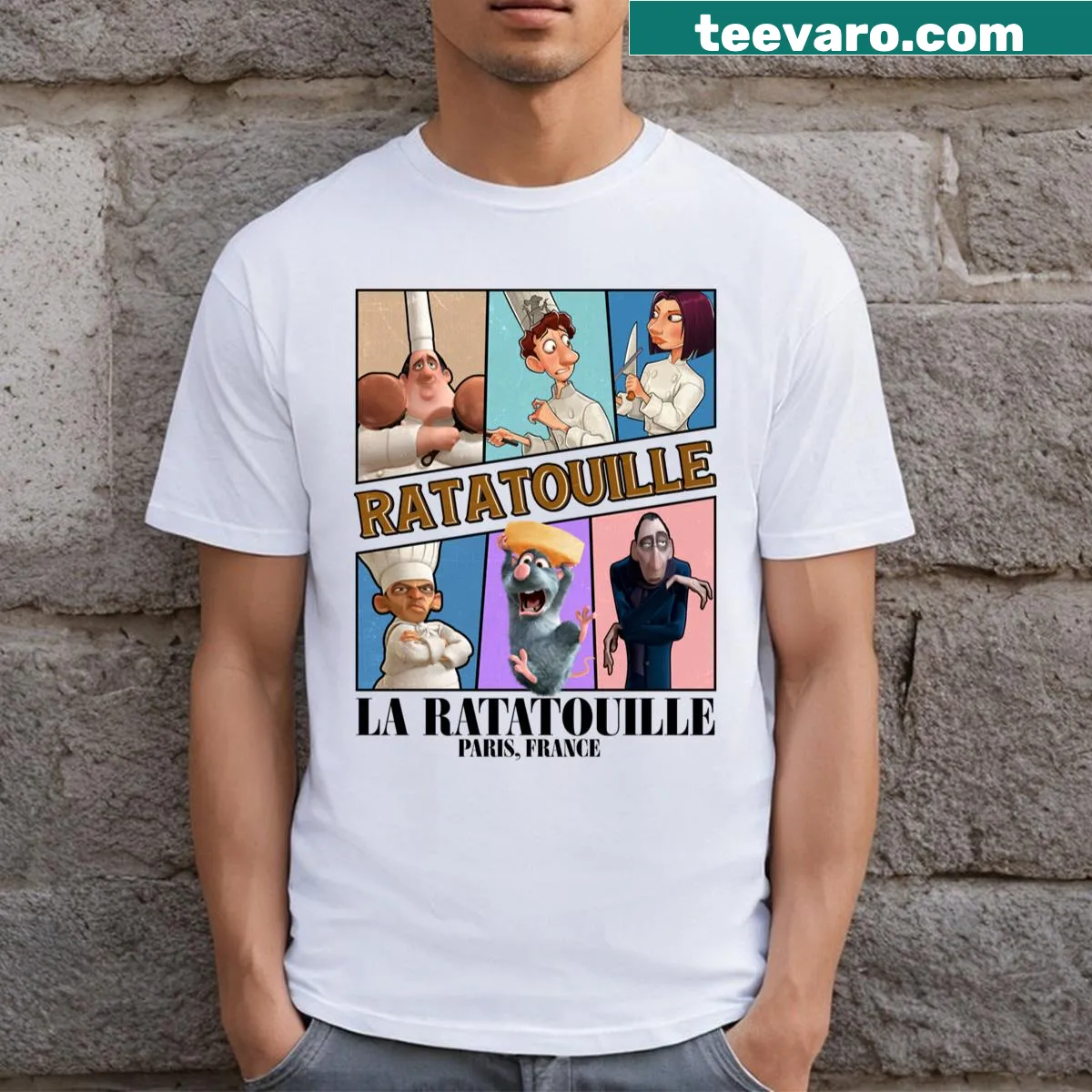 T-shirt featuring Remy the rat chef from Ratatouille in a kitchen scene. — on a men's t-shirt