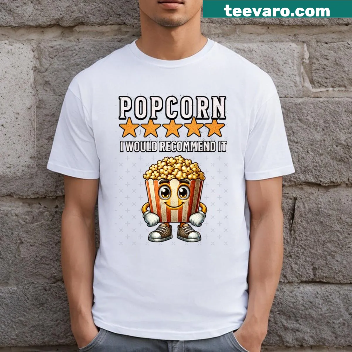 T-shirt with playful popcorn graphic and humorous text — on a men's t-shirt