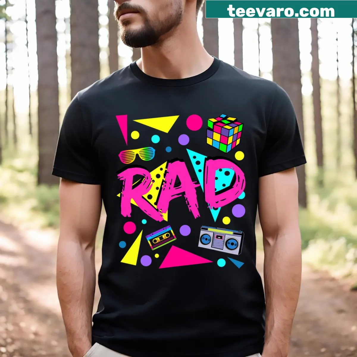 Retro design T-shirt inspired by 1980s costume party style — on a men's t-shirt