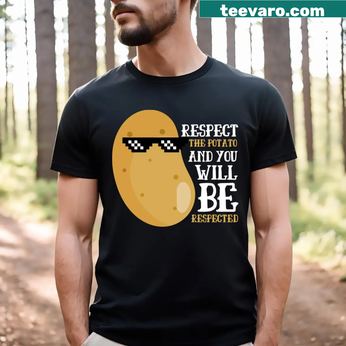 Humorous t-shirt displaying a fun potato illustration and slogan — on a men's t-shirt