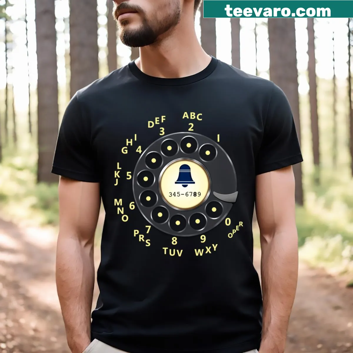Retro T-shirt featuring a rotary dial phone design — on a men's t-shirt