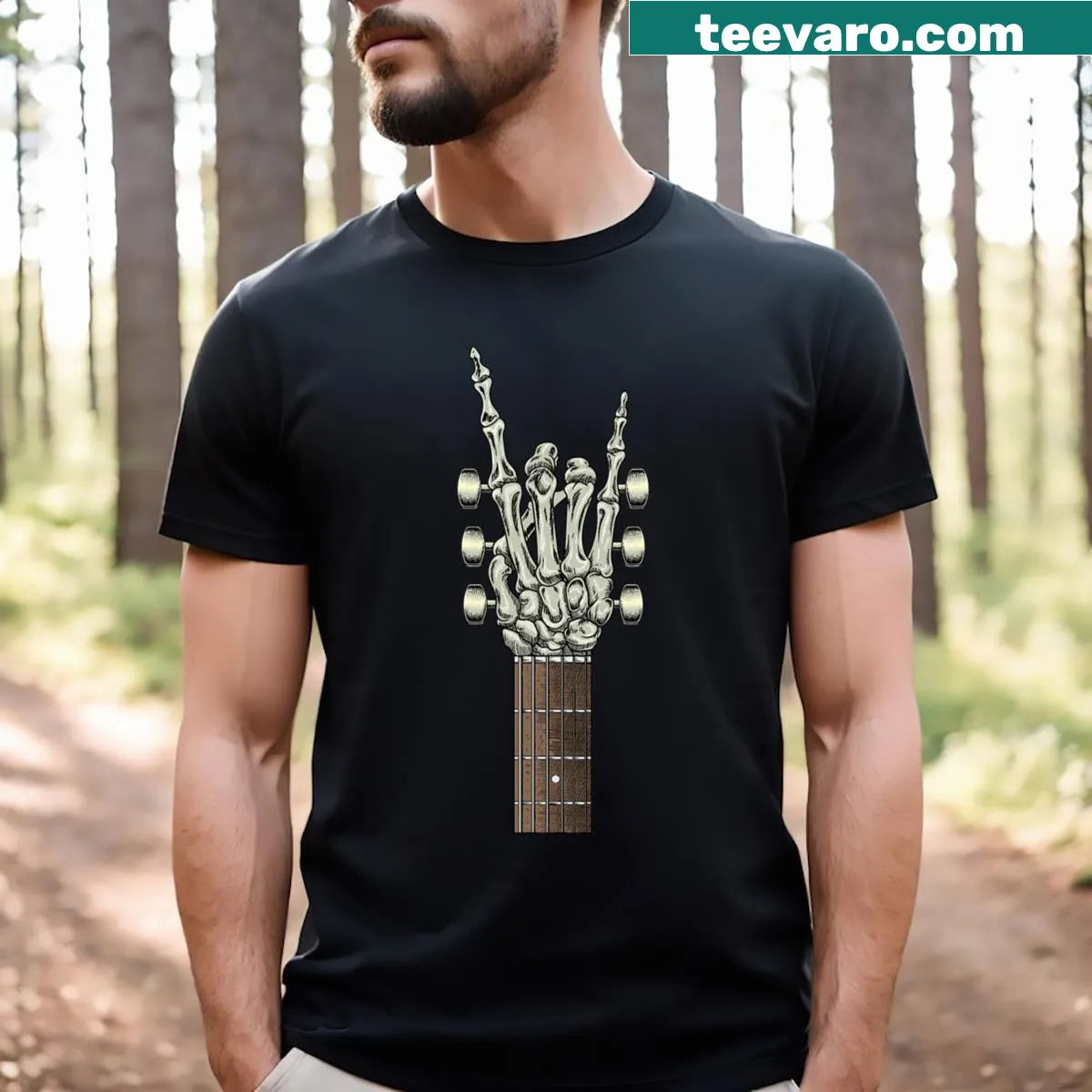 Rock and roll shirt with a skeleton hand gripping a guitar design. — on a men's t-shirt