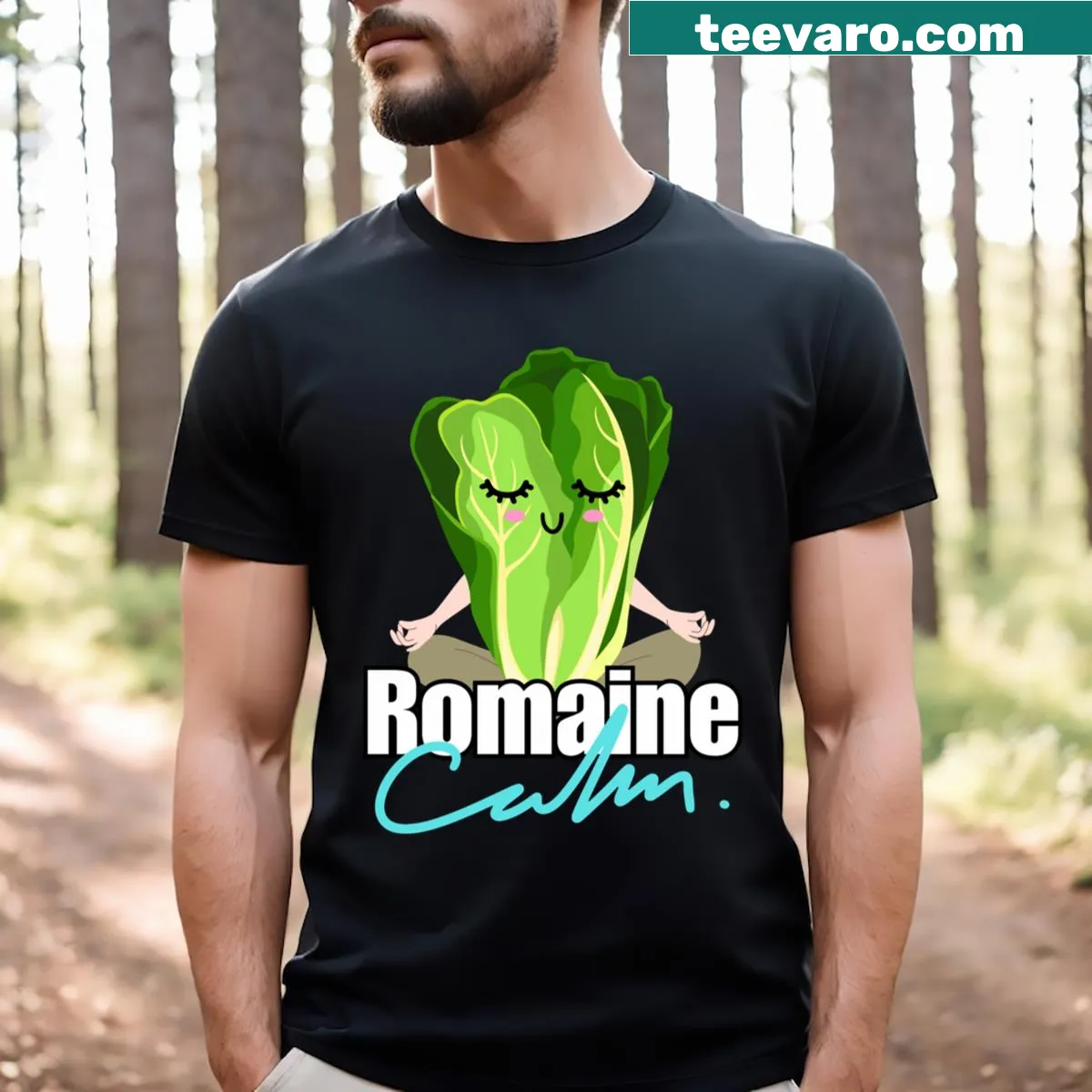 Funny cooking shirt with the phrase 'Romaine Calm' in playful typography. — on a men's t-shirt