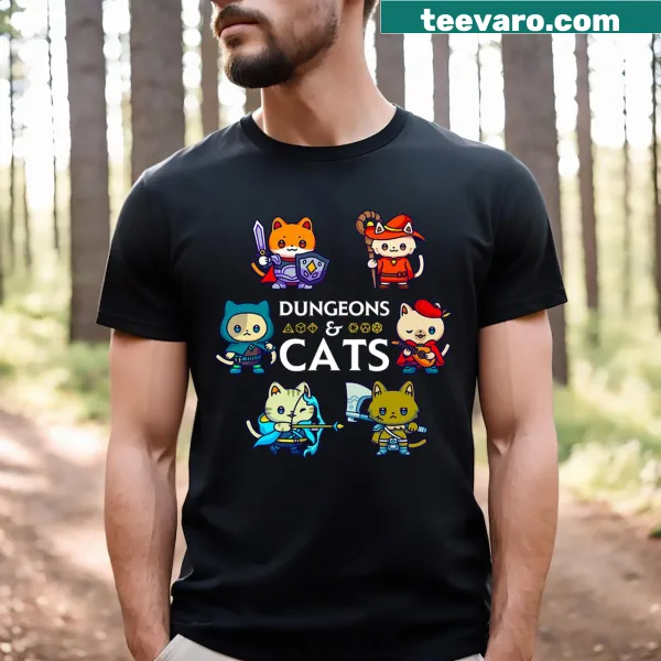 Illustrated RPG gamer t-shirt featuring D20 dice and cats