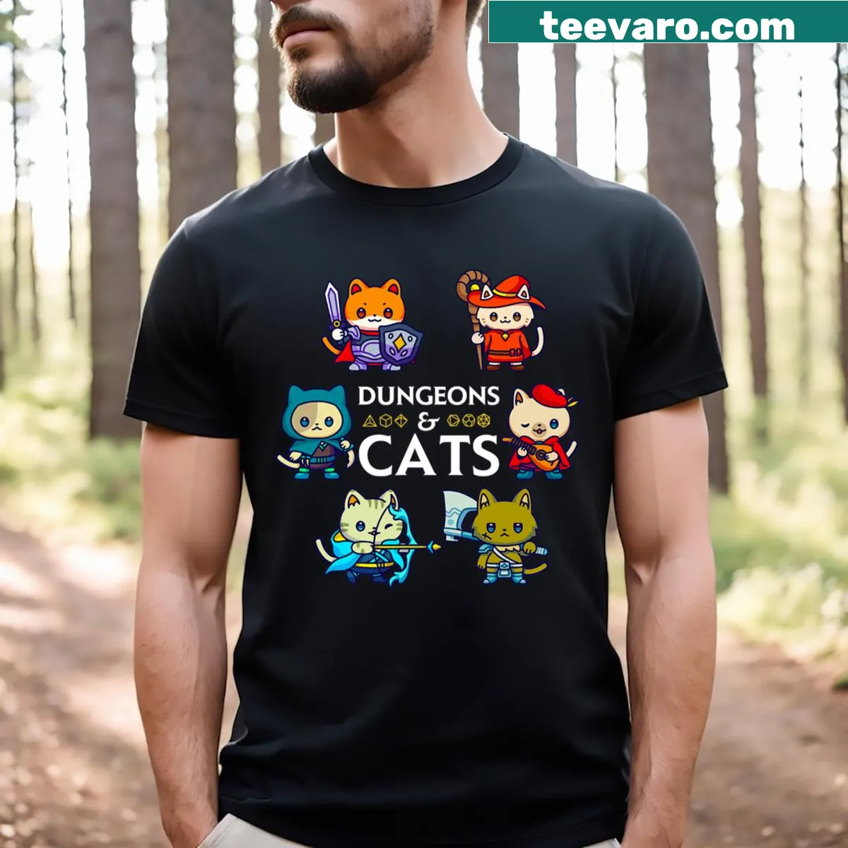 Illustrated RPG gamer t-shirt featuring D20 dice and cats — on a men's t-shirt