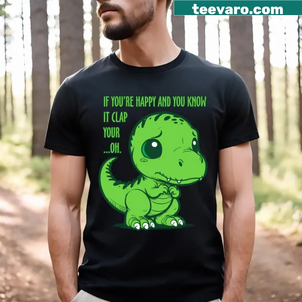 Cartoon sad dinosaur graphic on a humorous T-shirt