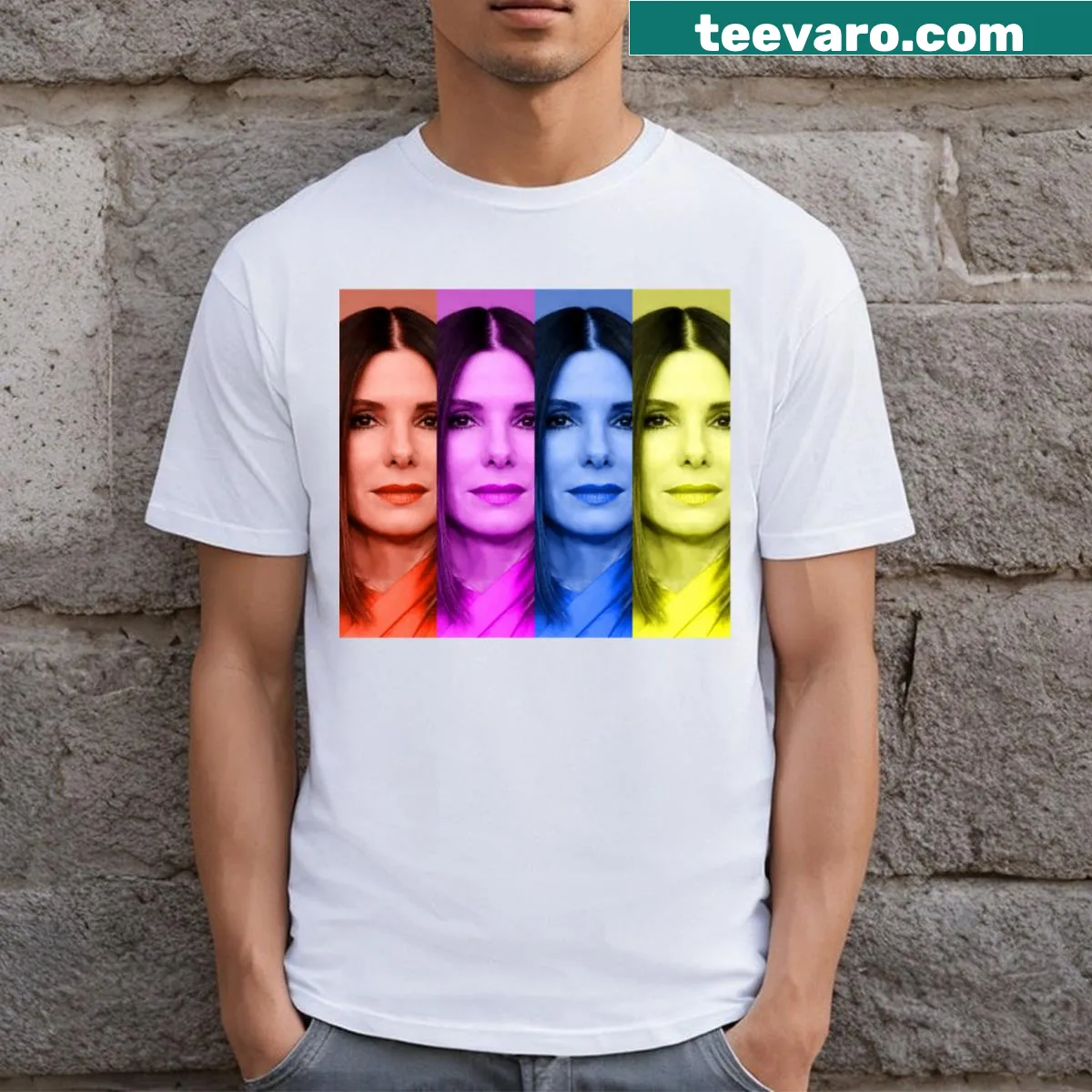 Retro pop art T-shirt featuring Sandra Bullock — on a men's t-shirt