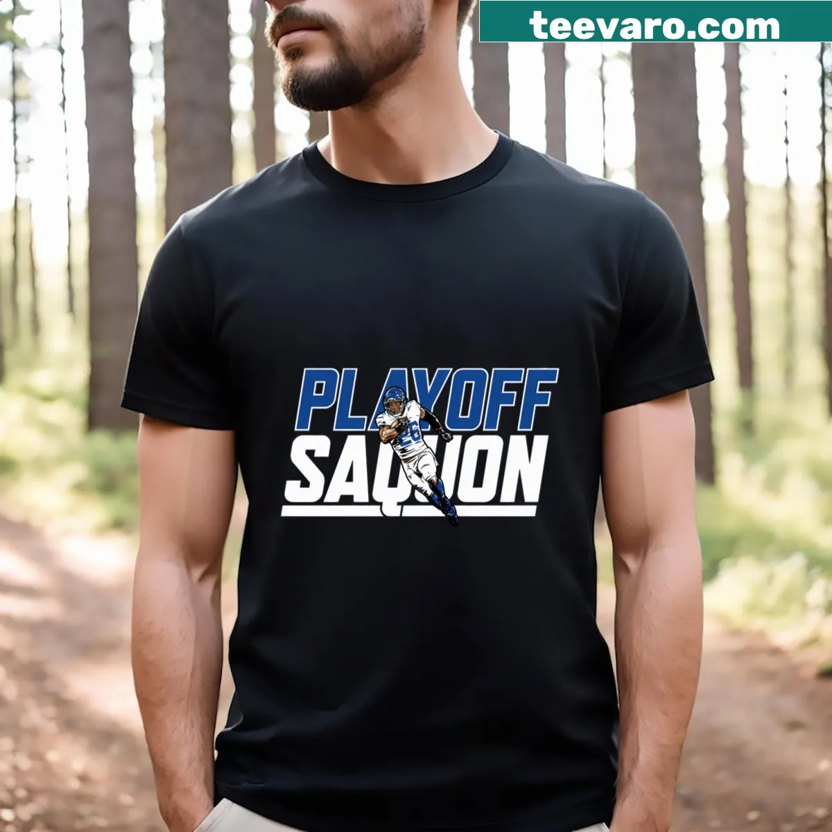 Bold typography Saquon Barkley Playoff T-shirt emphasizing the playoffs — on a men's t-shirt