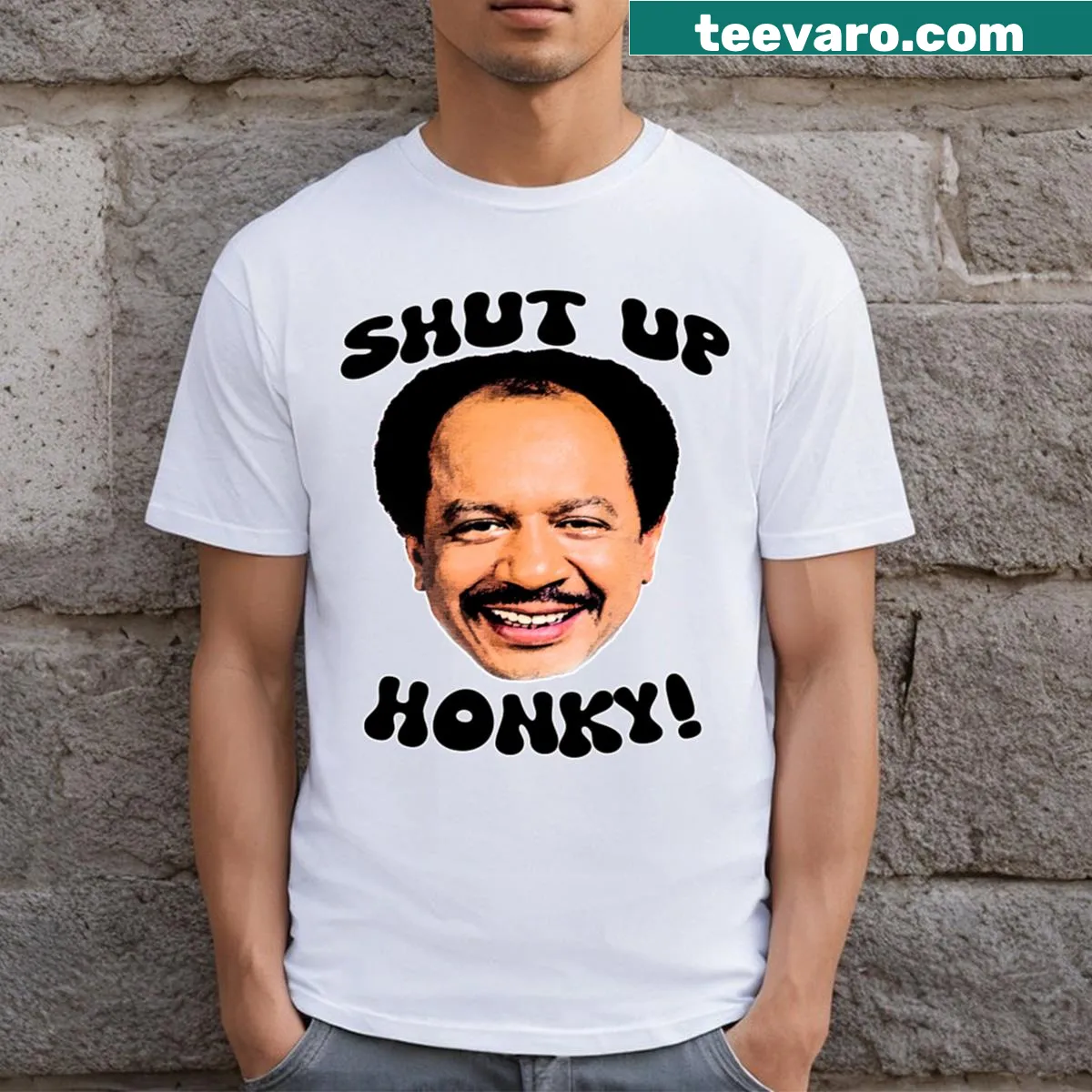 Shut Up Honky bold typography t-shirt — on a men's t-shirt