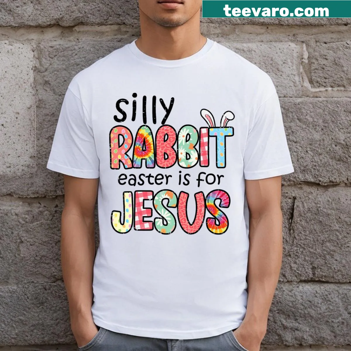 Cute rabbit Easter t-shirt featuring a religious message — on a men's t-shirt