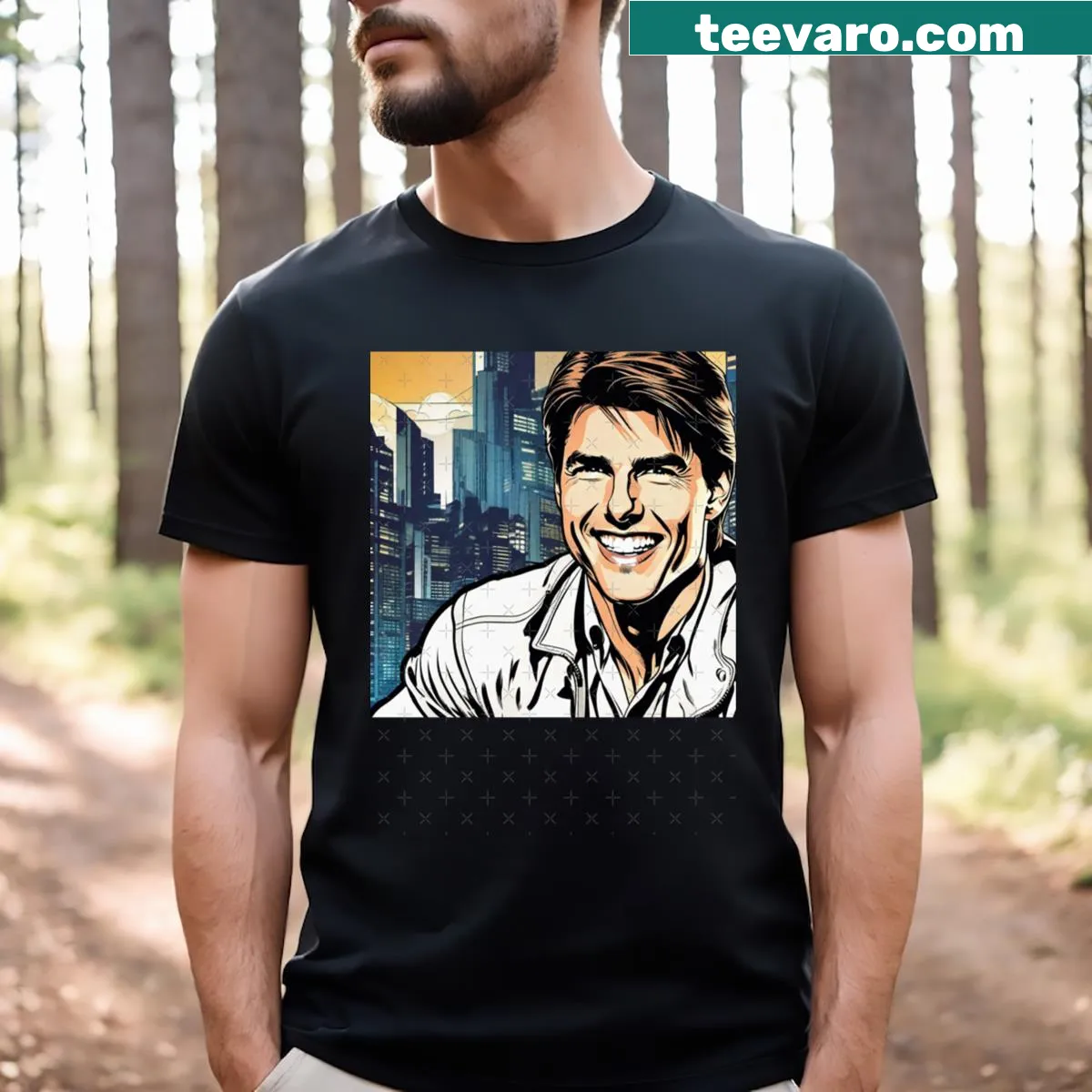 Illustration of a young Tom Cruise in a comic style — on a men's t-shirt