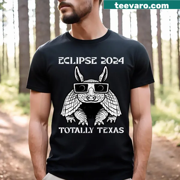 T-shirt featuring a Texas armadillo celebrating the solar eclipse.