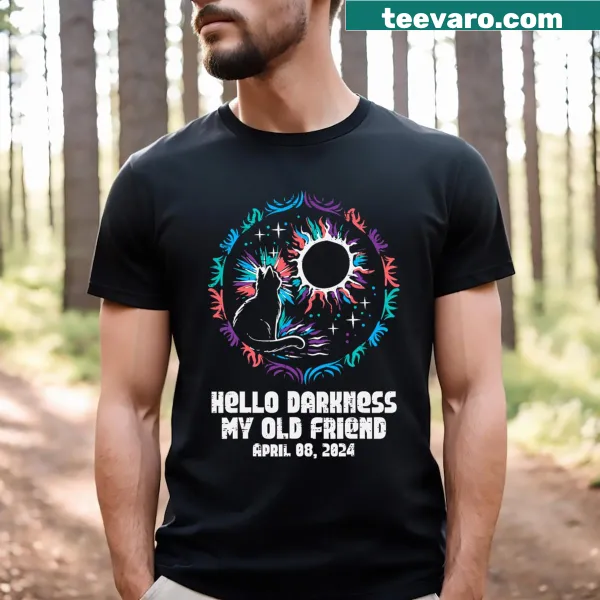 T-shirt with a cute cat saying 'Hello Darkness' for the solar eclipse.