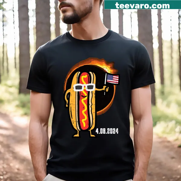 T-shirt featuring a hotdog and U.S. flag for the solar eclipse celebration.